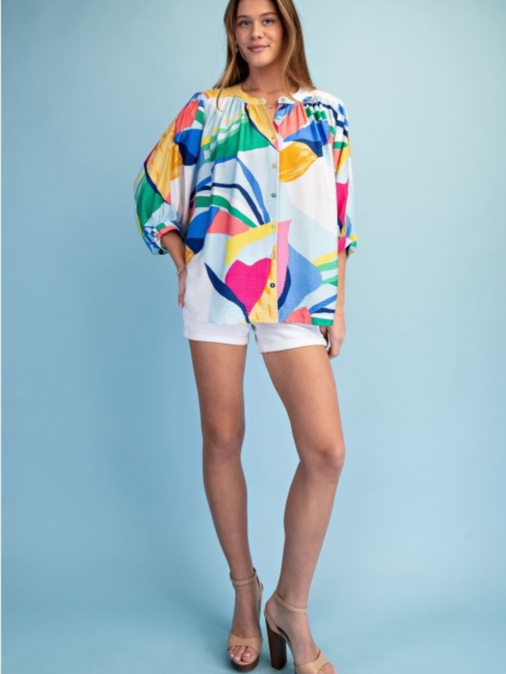 Colorful Abstract Button-Front Blouse - Picture 4 of 7